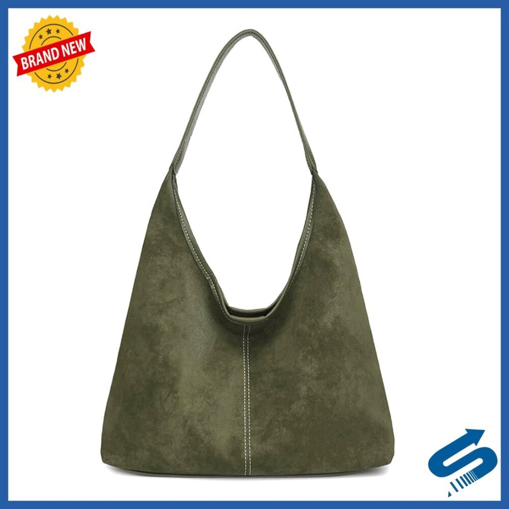 Large Suede Hobo Shoulder Bag Tote with Contrast Stitching